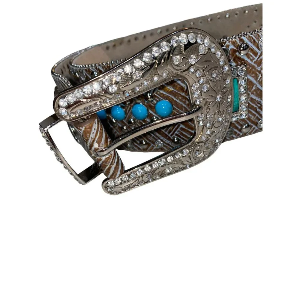 Ariat Wide Brown Western Rhinestone & Turquoise Genuine Leather Belt XL With Sil